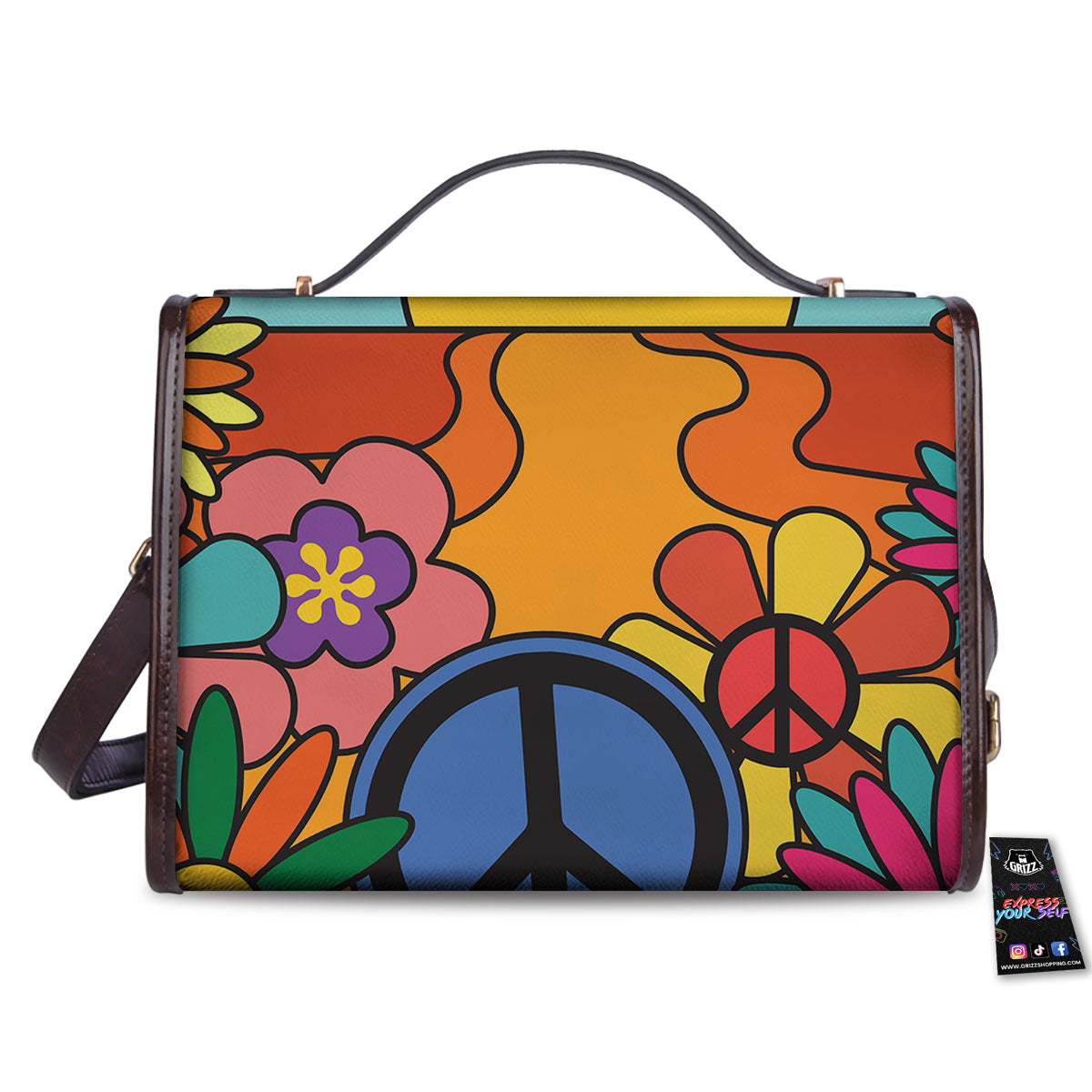 Peace Sign Hippie Flower Print Women's Satchel Bag-grizzshop