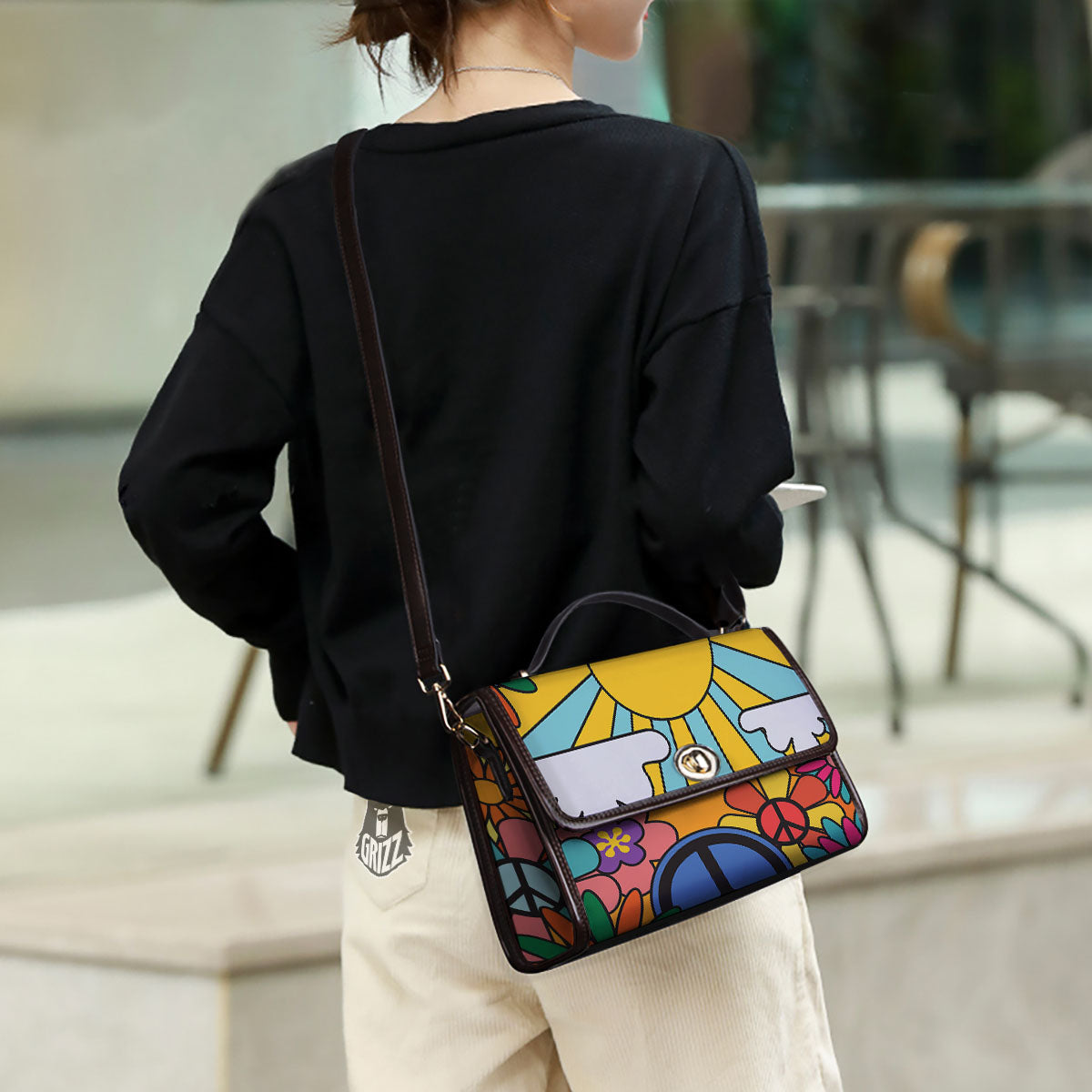 Peace Sign Hippie Flower Print Women's Satchel Bag-grizzshop