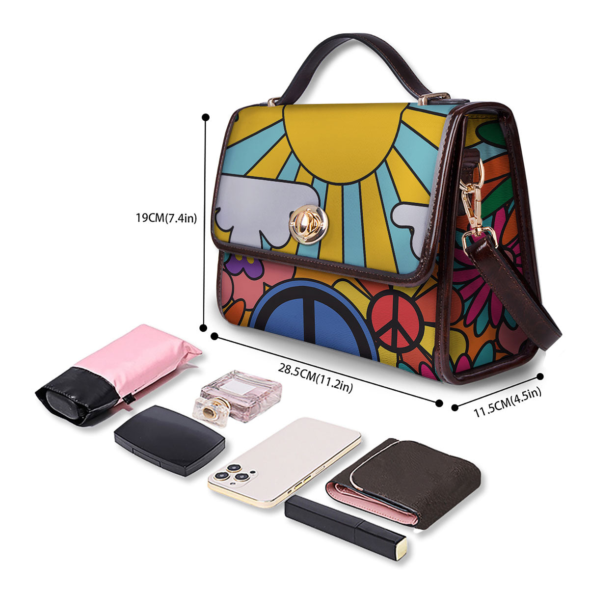 Peace Sign Hippie Flower Print Women's Satchel Bag-grizzshop