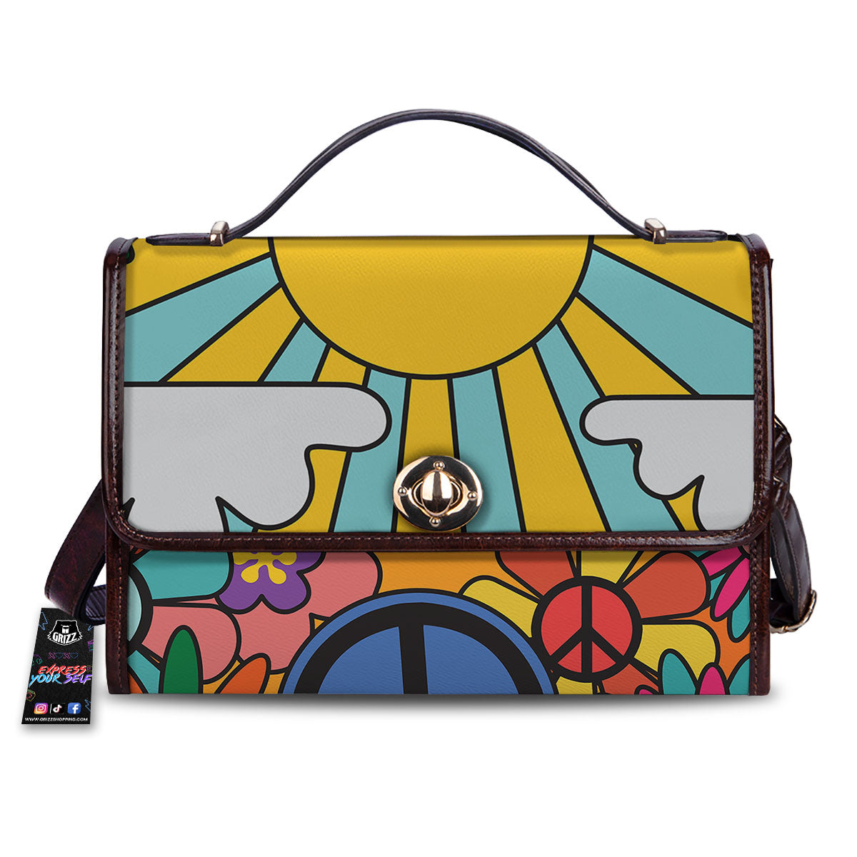 Peace Sign Hippie Flower Print Women's Satchel Bag-grizzshop