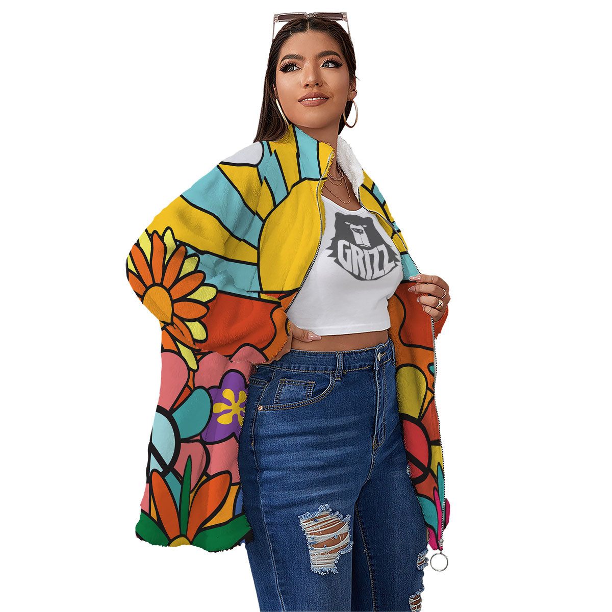 Peace Sign Hippie Flower Print Women's Sherpa Jacket-grizzshop