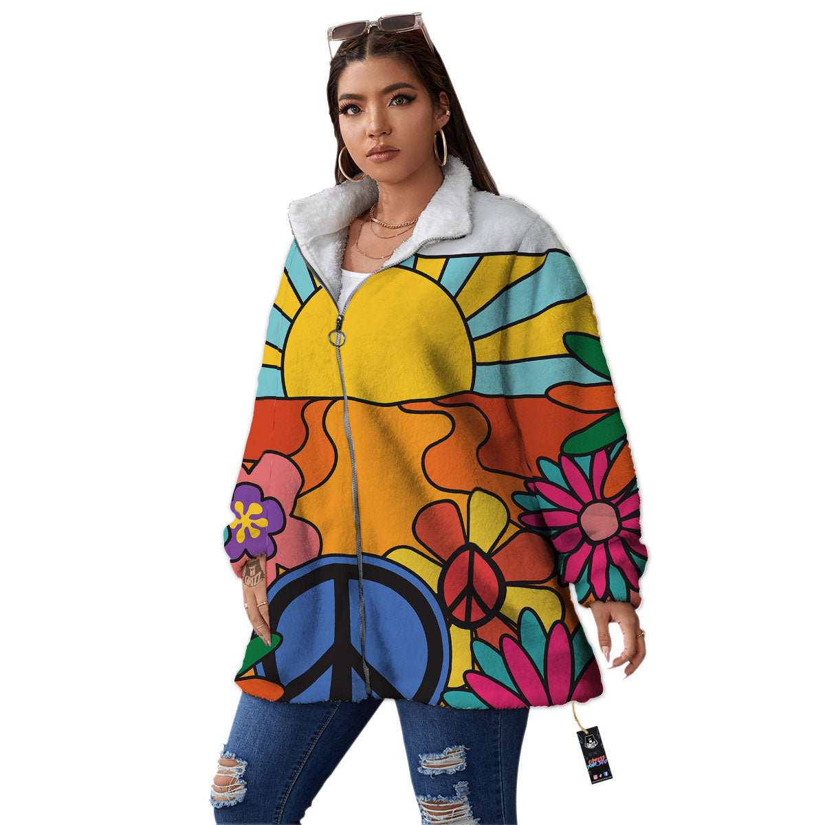 Peace Sign Hippie Flower Print Women's Sherpa Jacket-grizzshop
