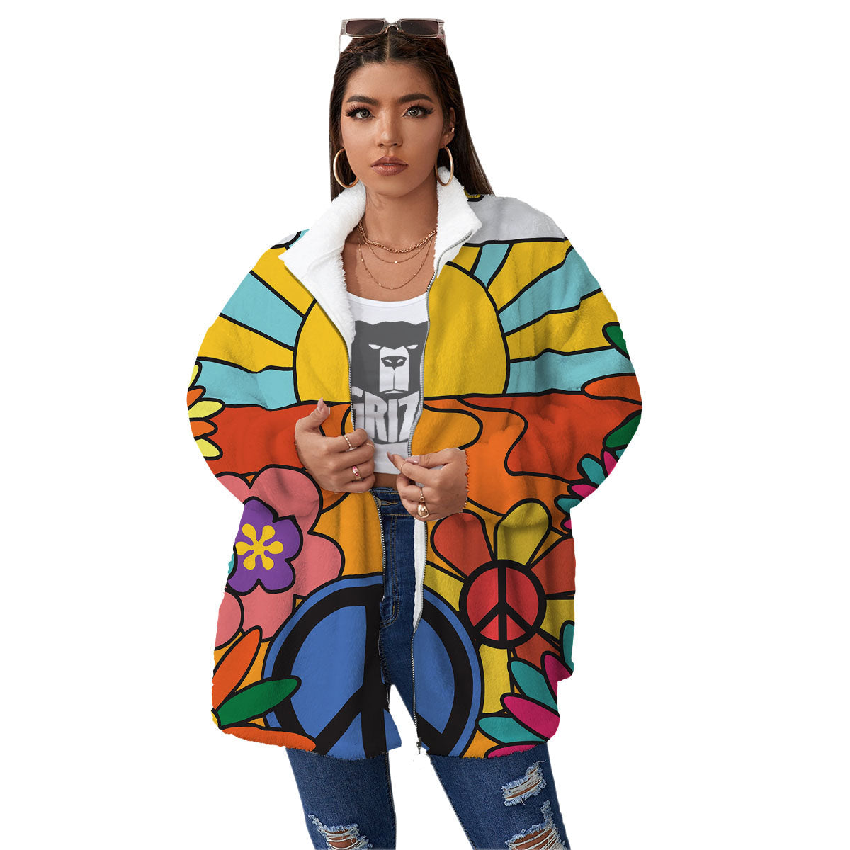 Peace Sign Hippie Flower Print Women's Sherpa Jacket-grizzshop