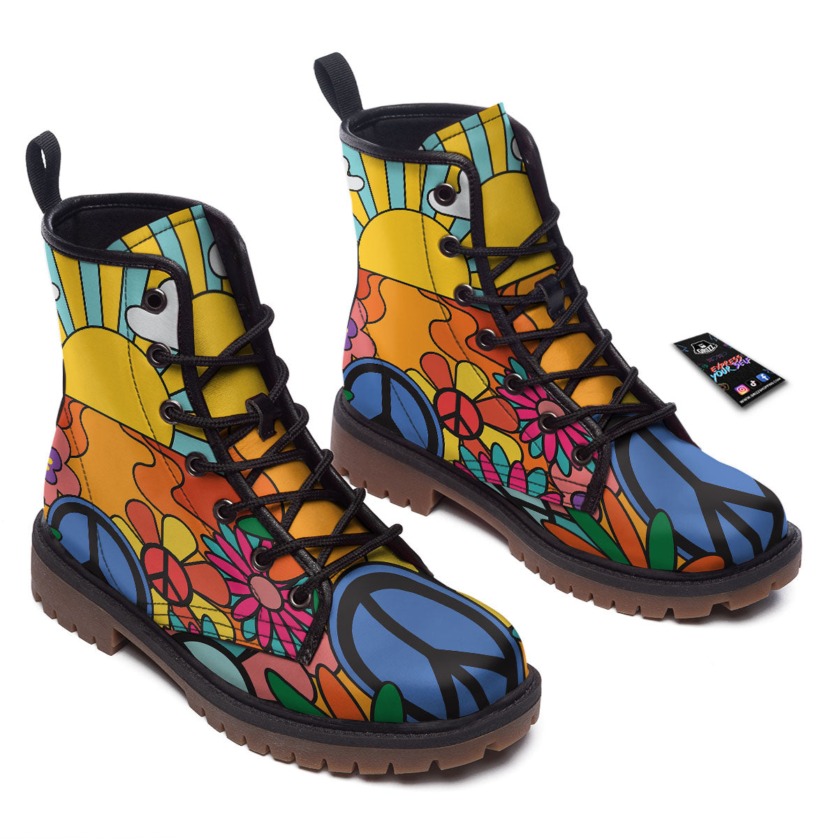 Peace Sign Hippie Flower Print Work Boots-grizzshop