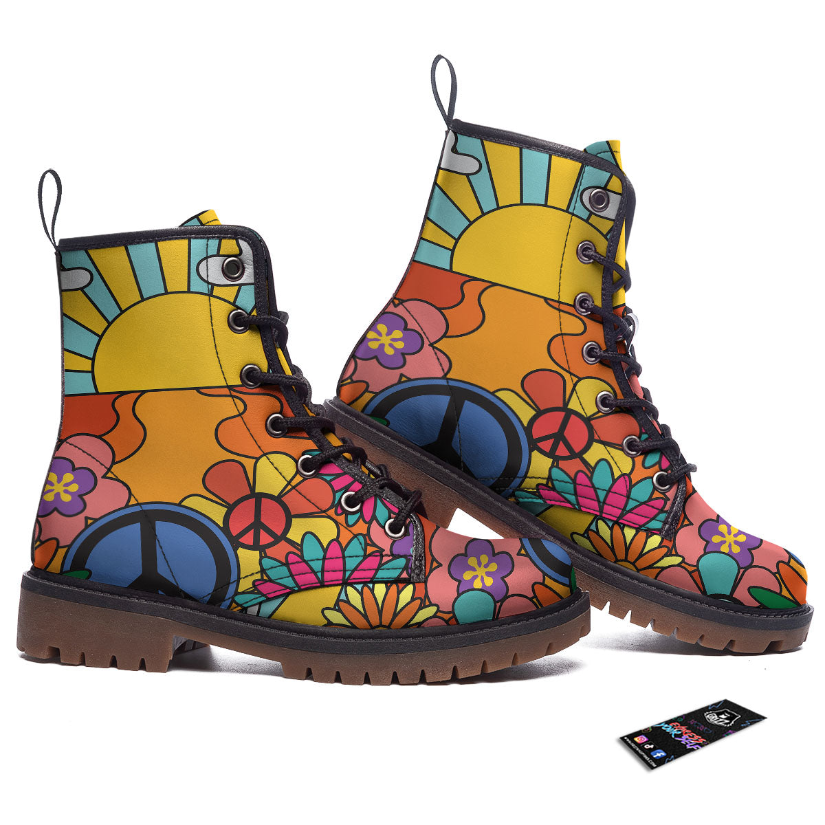 Peace Sign Hippie Flower Print Work Boots-grizzshop
