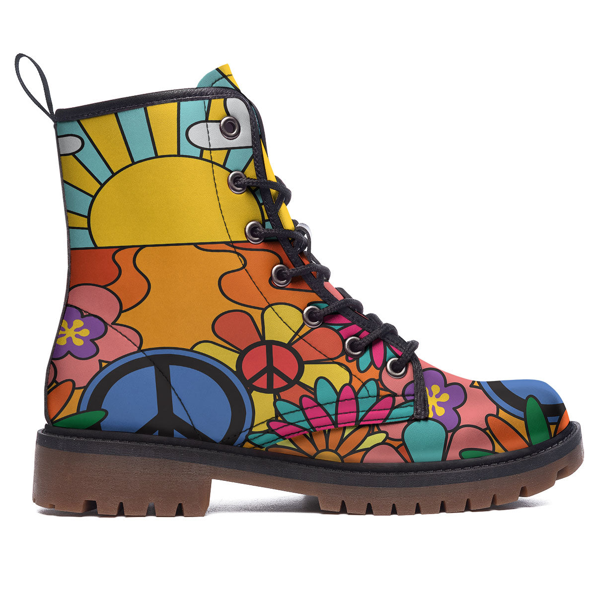 Peace Sign Hippie Flower Print Work Boots-grizzshop