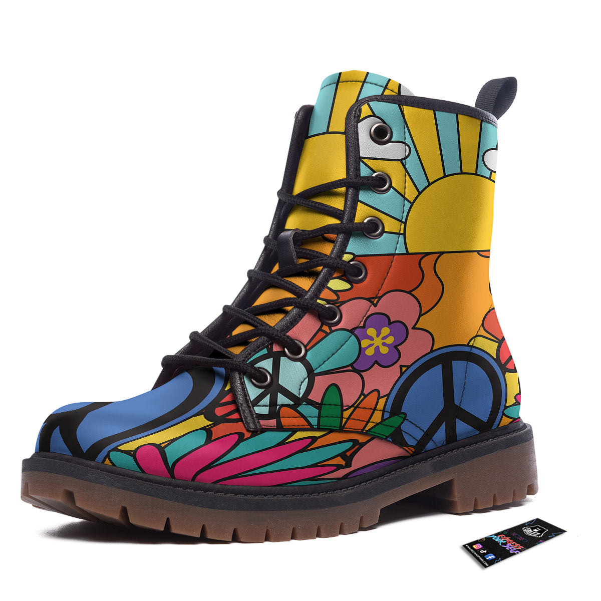 Peace Sign Hippie Flower Print Work Boots-grizzshop