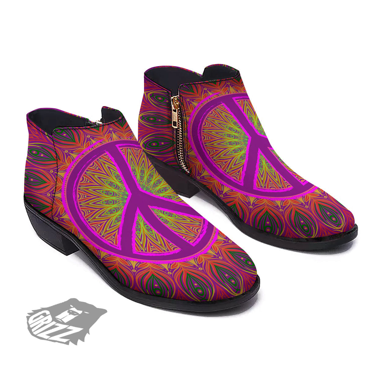 Peace Sign Psychedelic Hippie Print Ankle Boots-grizzshop