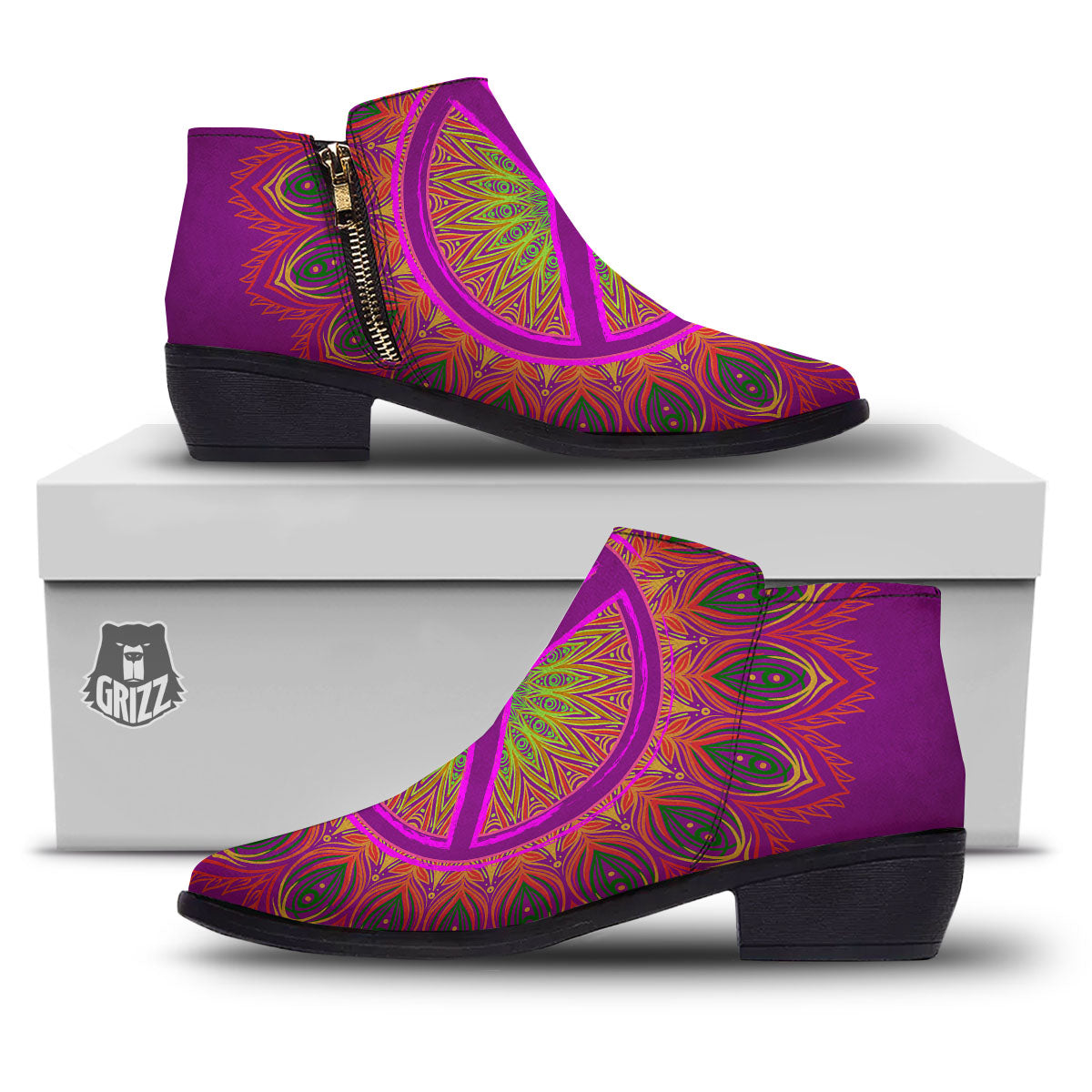 Peace Sign Psychedelic Hippie Print Ankle Boots-grizzshop