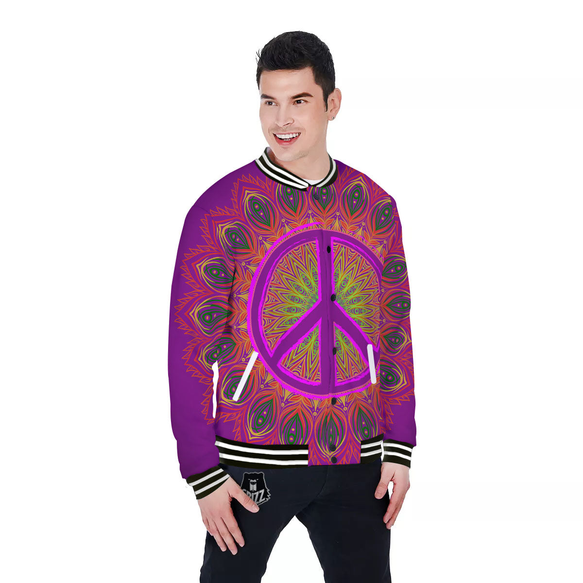 Peace Sign Psychedelic Hippie Print Baseball Jacket-grizzshop