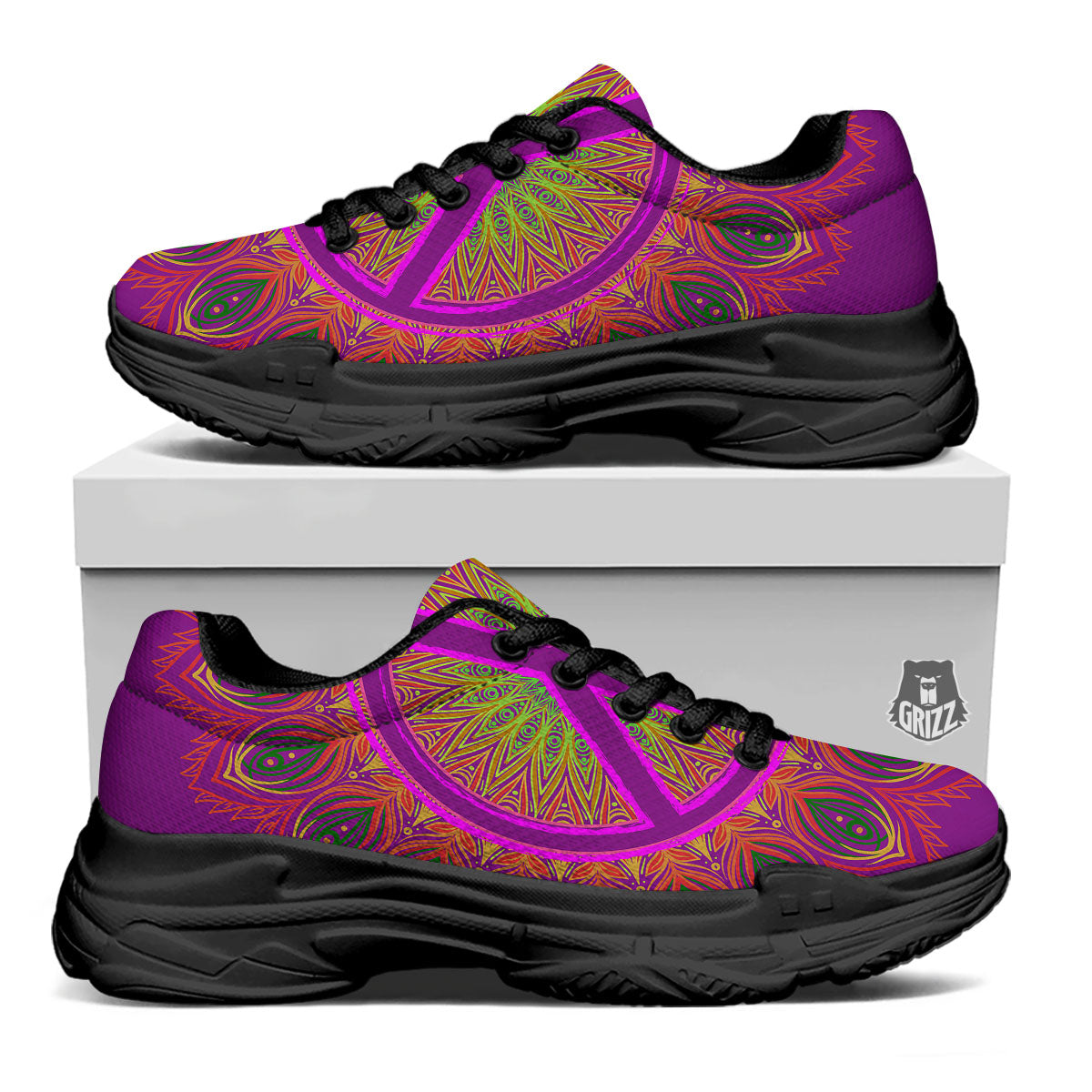 Peace Sign Psychedelic Hippie Print Black Chunky Shoes-grizzshop