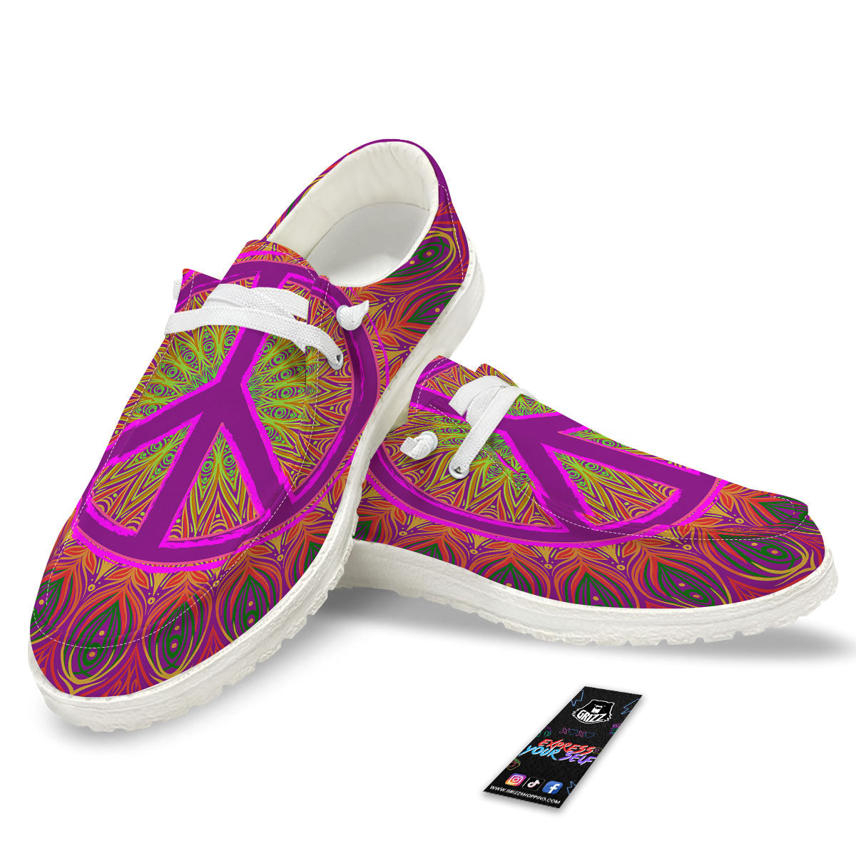 Peace Sign Psychedelic Hippie Print Black Loafers-grizzshop