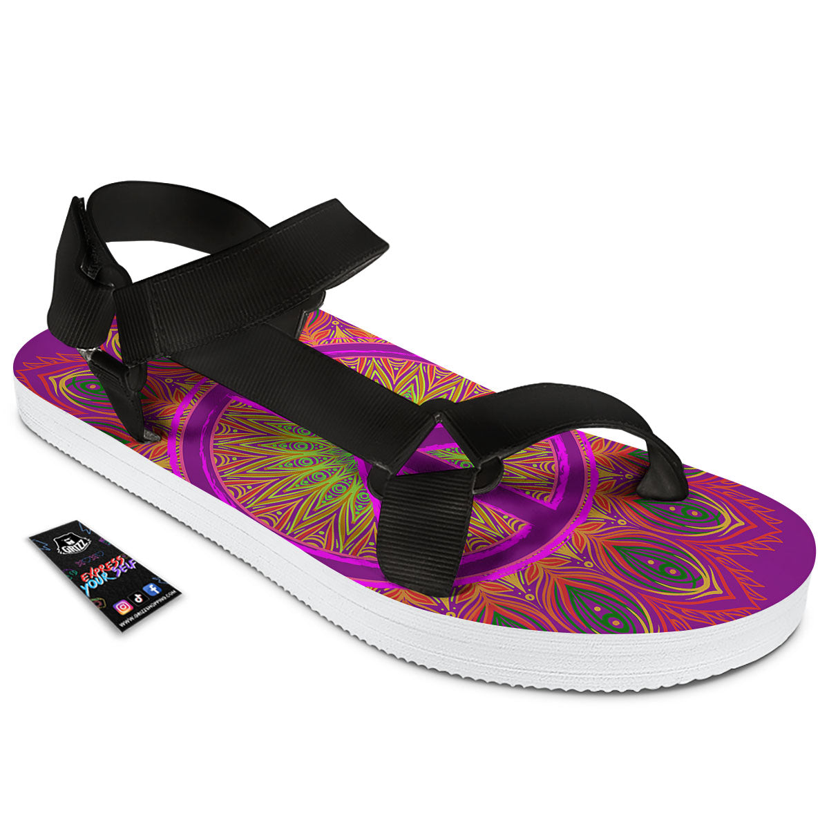 Peace Sign Psychedelic Hippie Print Black Open Toe Sandals-grizzshop