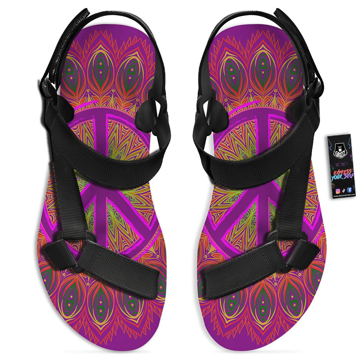Peace Sign Psychedelic Hippie Print Black Open Toe Sandals-grizzshop