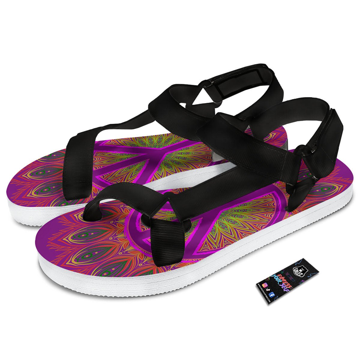 Peace Sign Psychedelic Hippie Print Black Open Toe Sandals-grizzshop