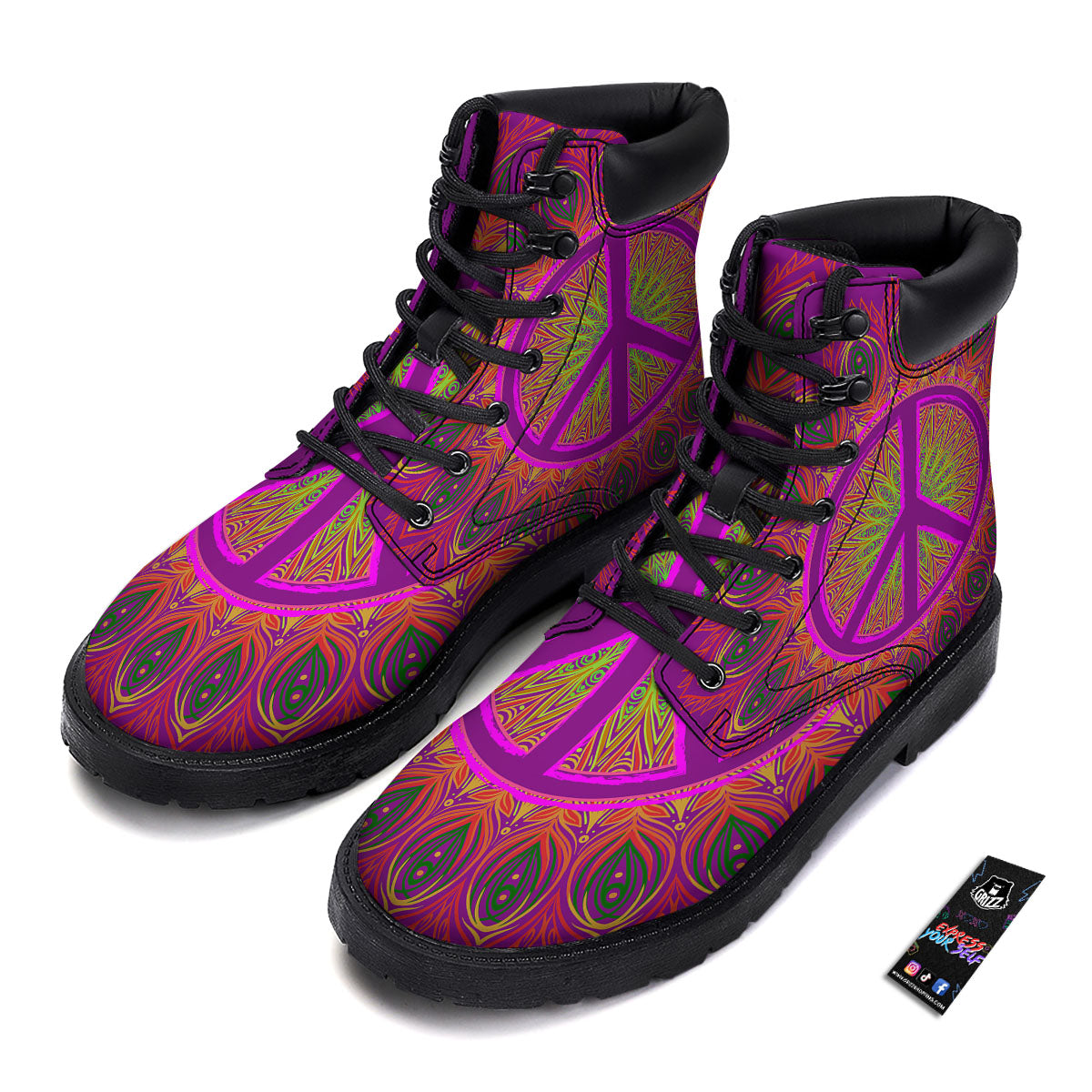 Peace Sign Psychedelic Hippie Print Boots-grizzshop