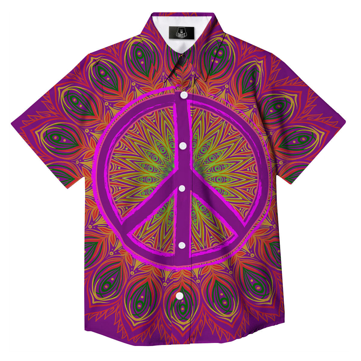 Peace Sign Psychedelic Hippie Print Button Up Shirt-grizzshop