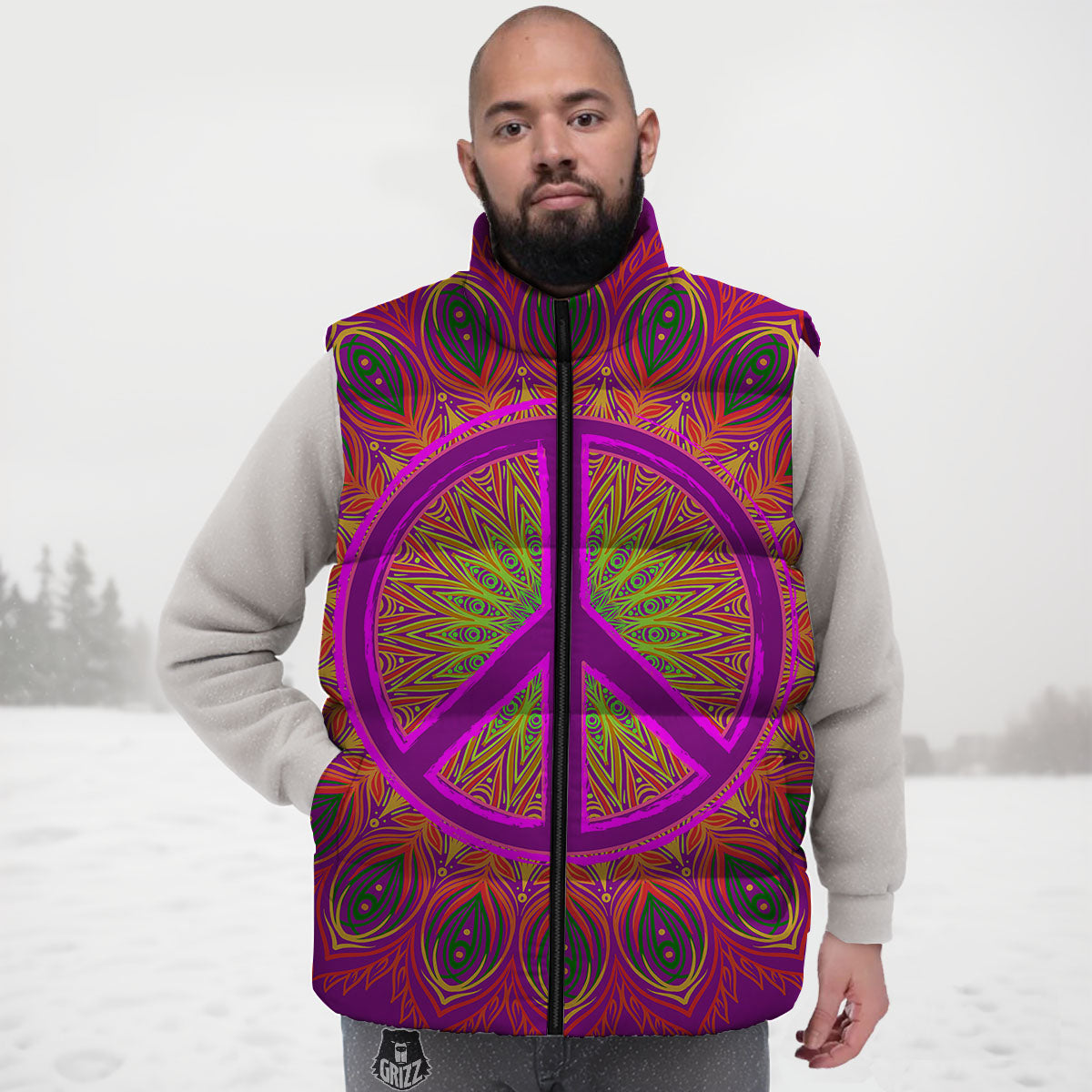 Peace Sign Psychedelic Hippie Print Down Vest