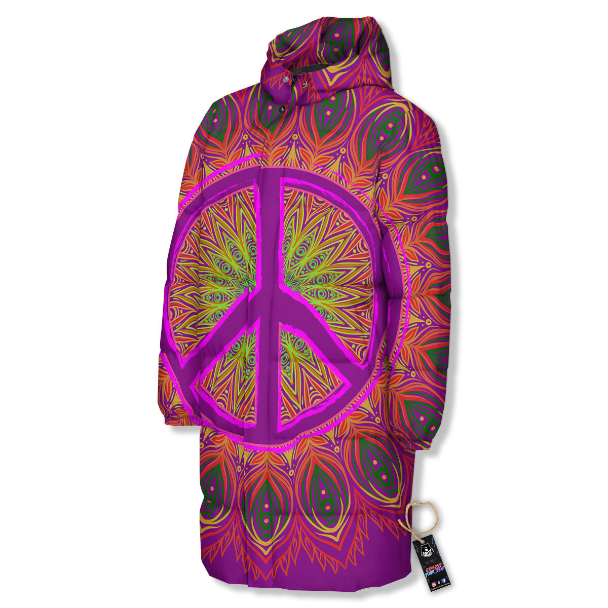 Peace Sign Psychedelic Hippie Print Long Down Jacket-grizzshop
