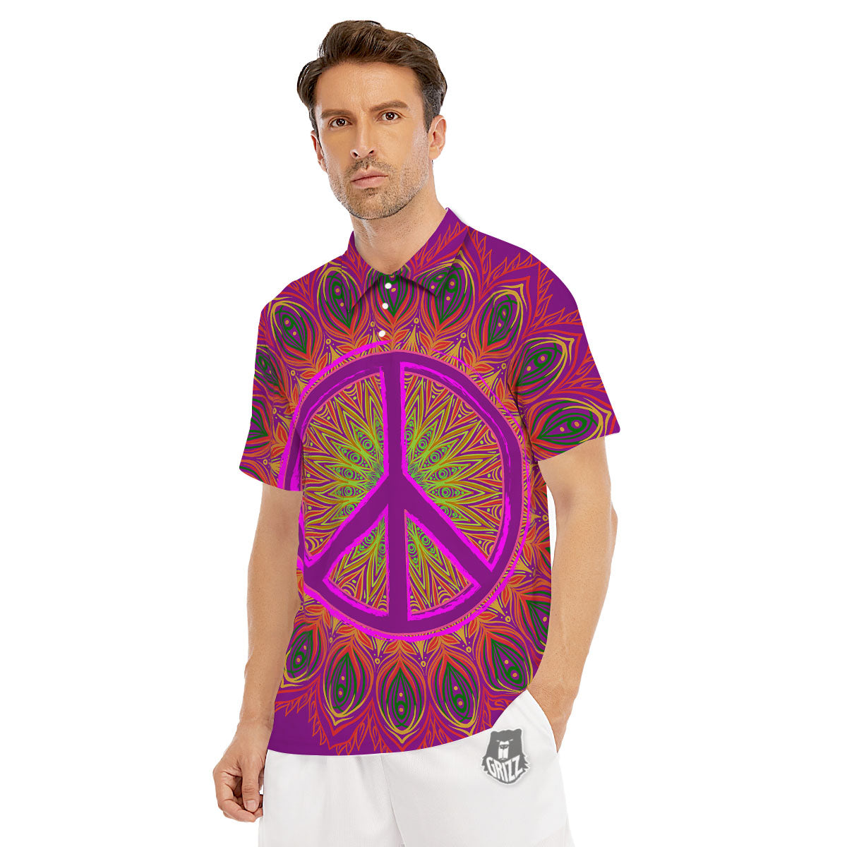 Peace Sign Psychedelic Hippie Print Men's Golf Shirts-grizzshop