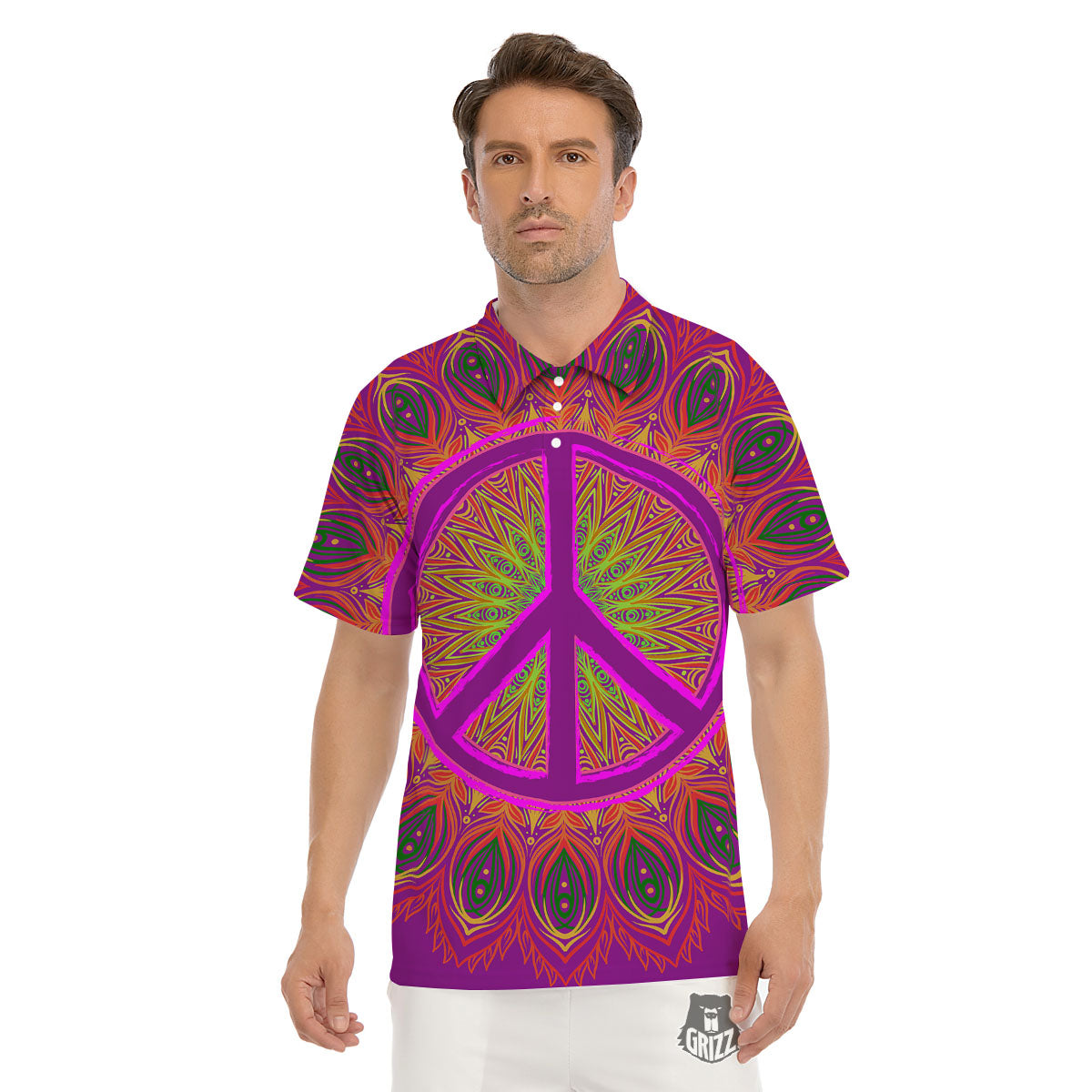 Peace Sign Psychedelic Hippie Print Men's Golf Shirts-grizzshop