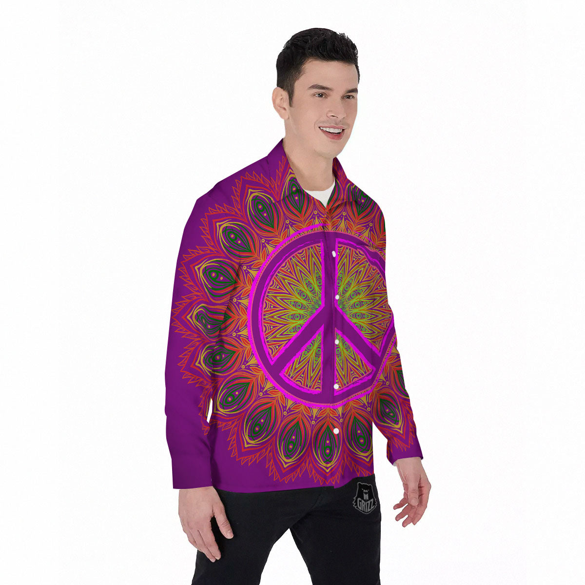 Peace Sign Psychedelic Hippie Print Men's Long Sleeve Shirts-grizzshop