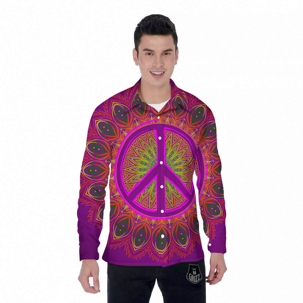 Peace Sign Psychedelic Hippie Print Men's Long Sleeve Shirts-grizzshop
