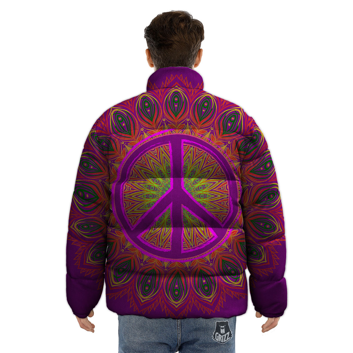 Peace Sign Psychedelic Hippie Print Puffer Jacket-grizzshop