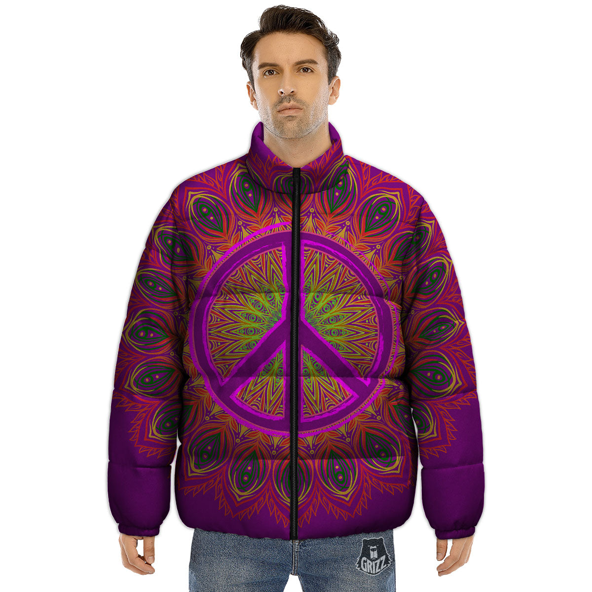 Peace Sign Psychedelic Hippie Print Puffer Jacket-grizzshop
