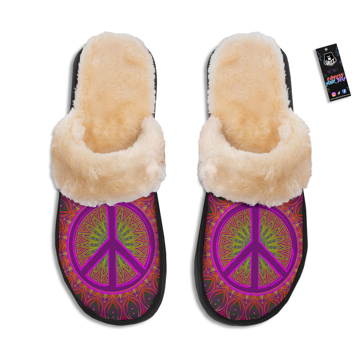 Peace Sign Psychedelic Hippie Print Slippers-grizzshop