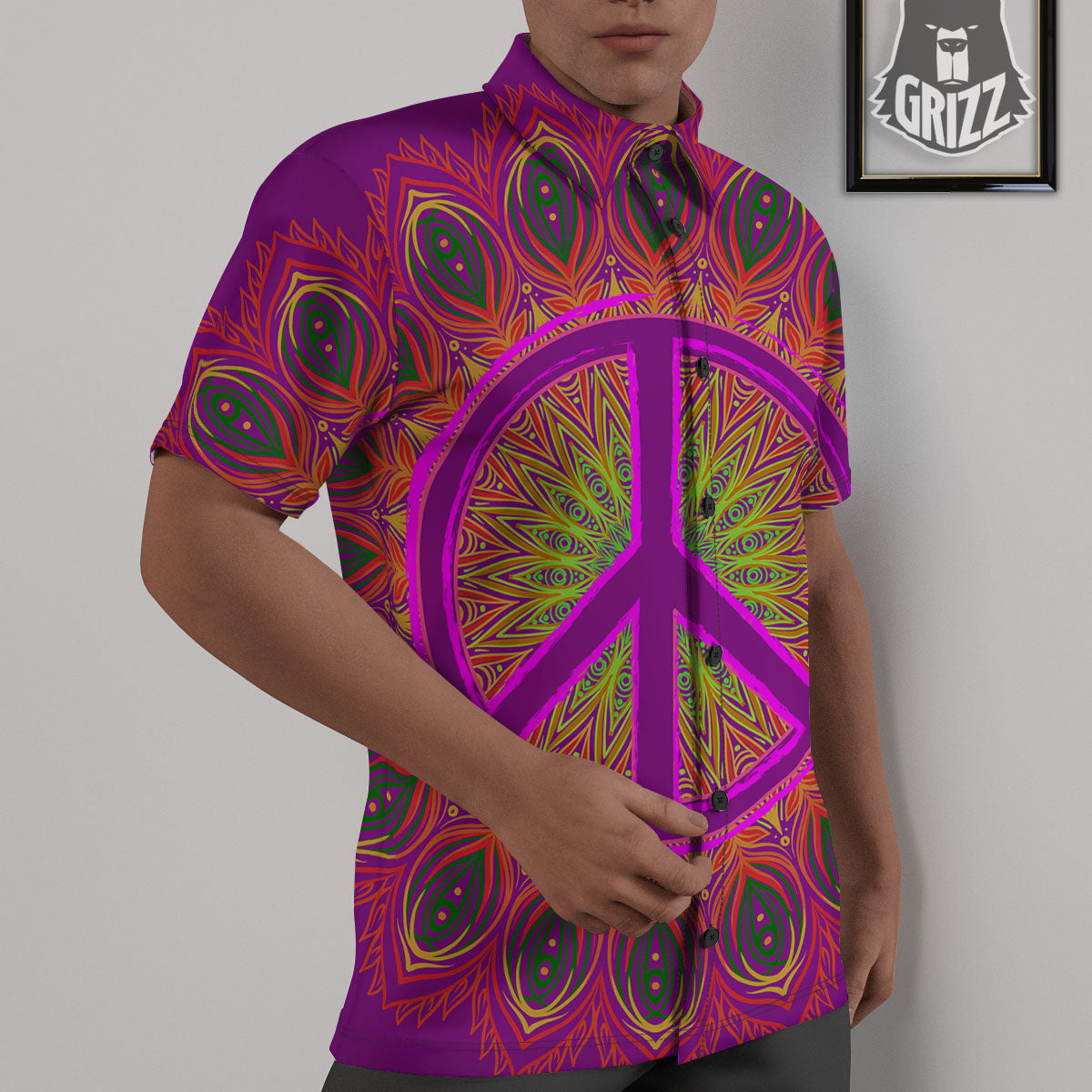Peace Sign Psychedelic Hippie Print Untucked Shirts-grizzshop