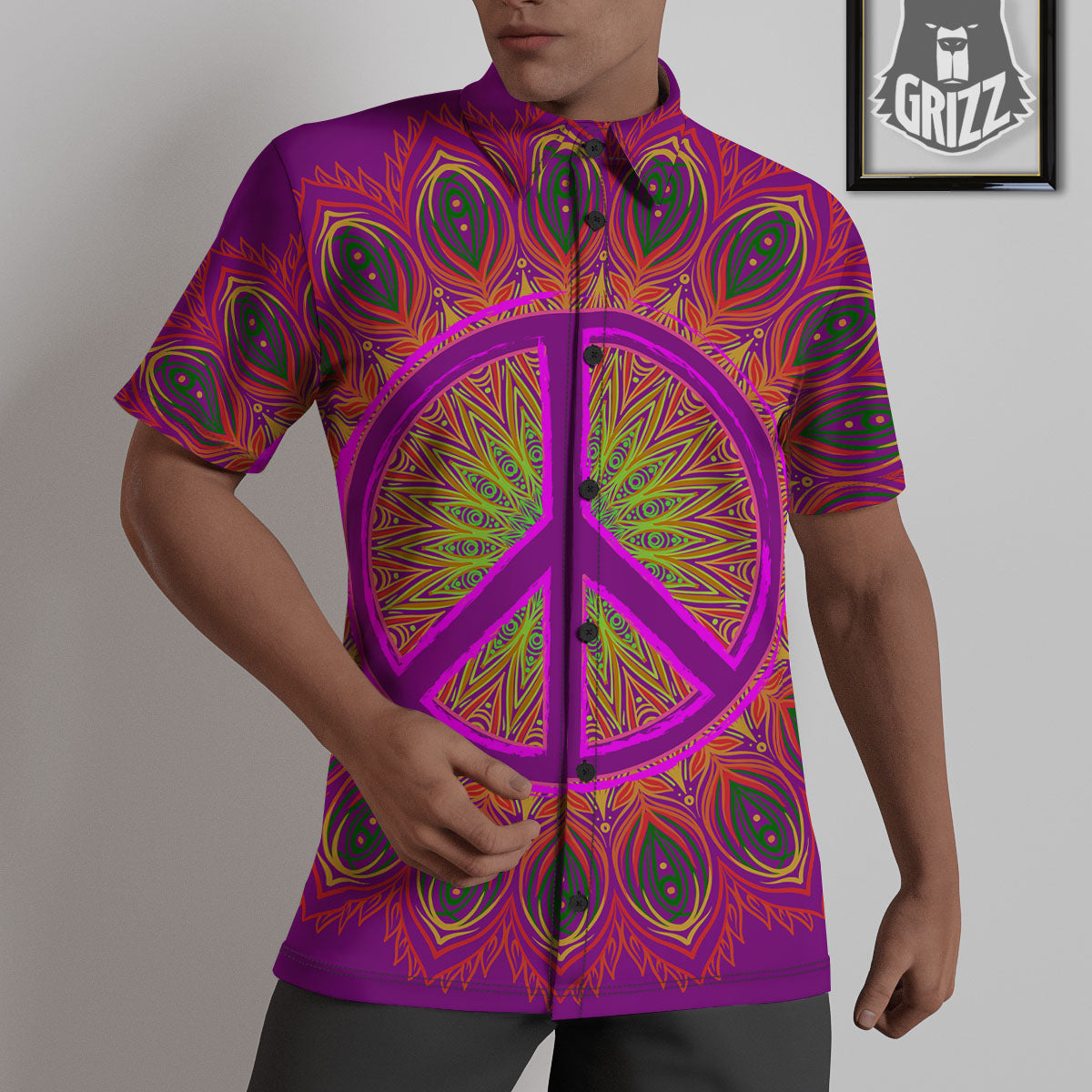 Peace Sign Psychedelic Hippie Print Untucked Shirts-grizzshop