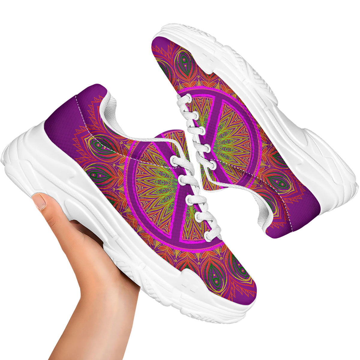 Peace Sign Psychedelic Hippie Print White Chunky Shoes-grizzshop