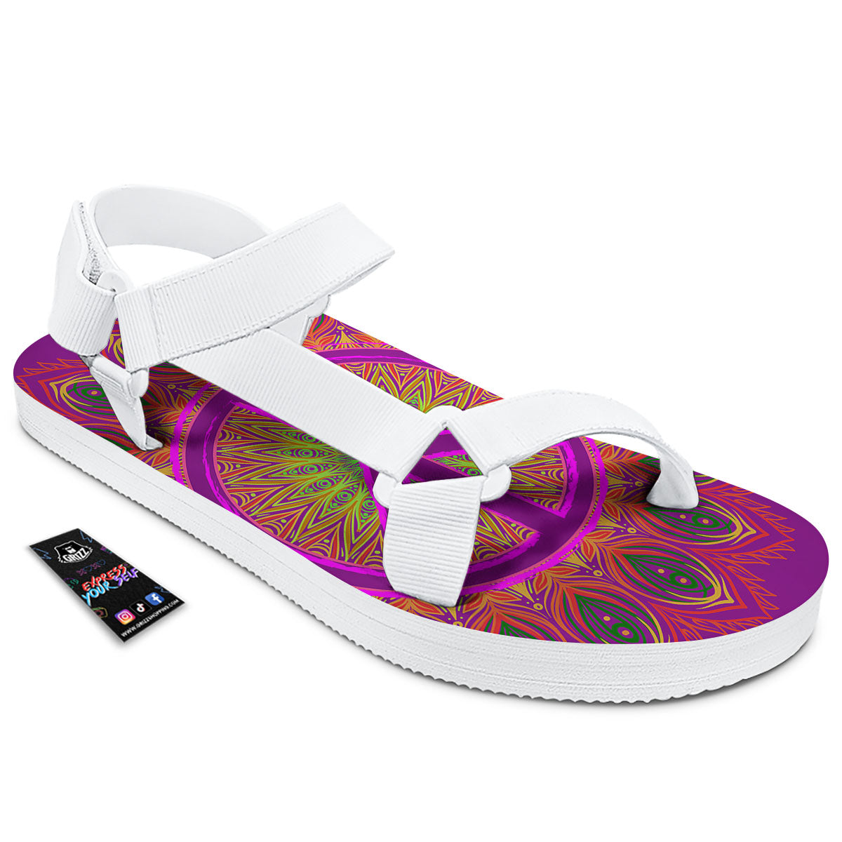 Peace Sign Psychedelic Hippie Print White Open Toe Sandals-grizzshop