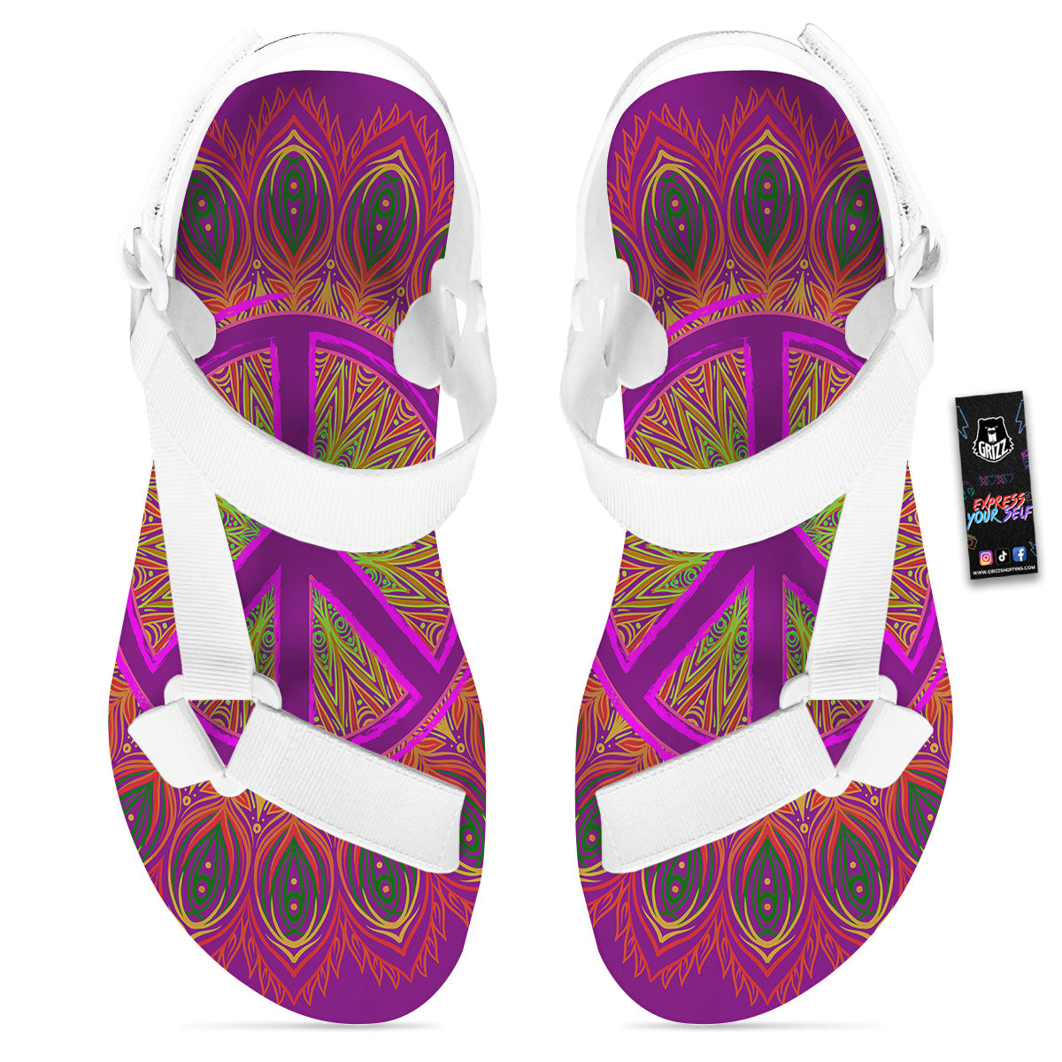 Peace Sign Psychedelic Hippie Print White Open Toe Sandals-grizzshop