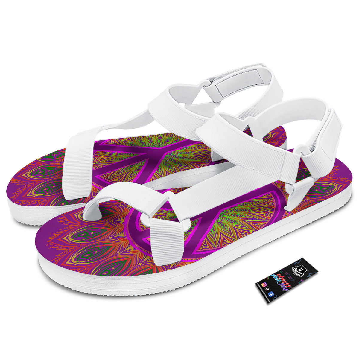 Peace Sign Psychedelic Hippie Print White Open Toe Sandals-grizzshop