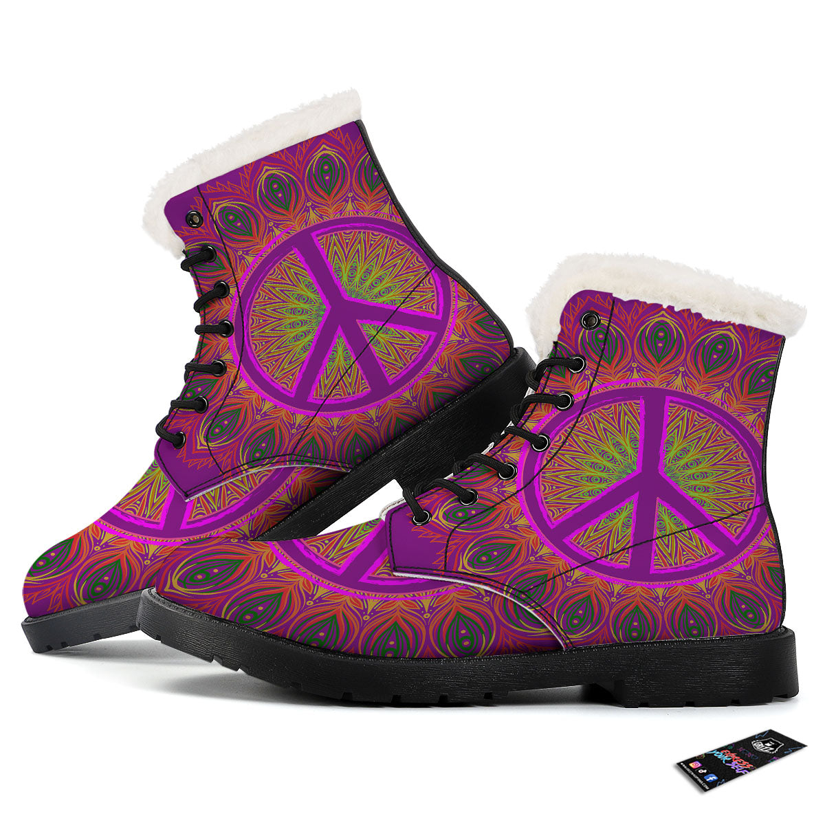 Peace Sign Psychedelic Hippie Print Winter Boots-grizzshop