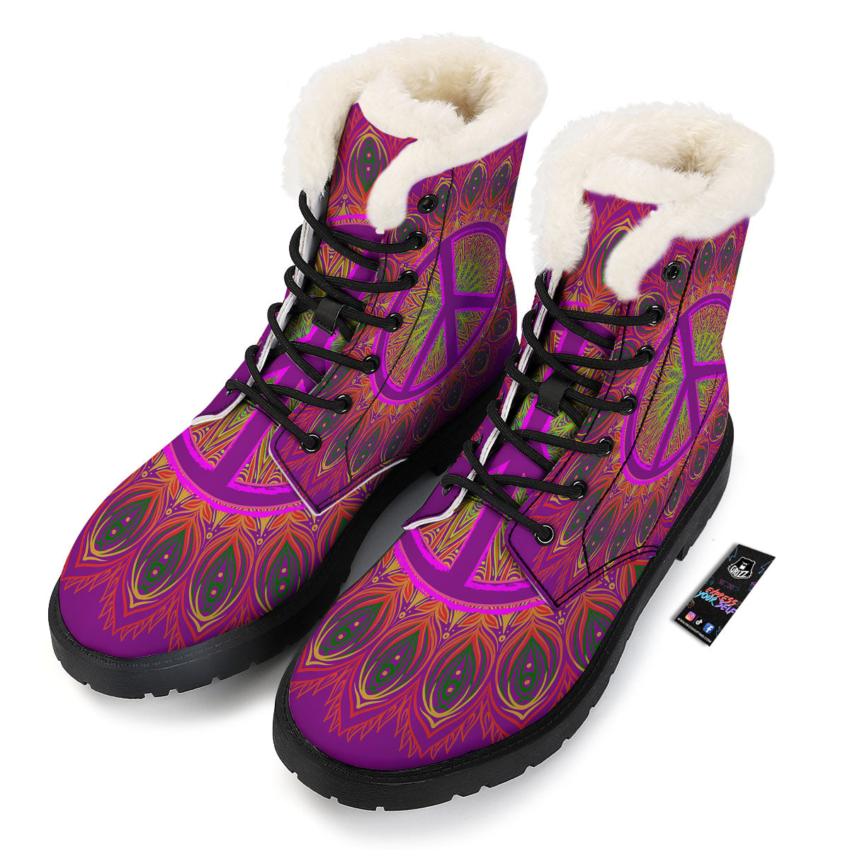 Peace Sign Psychedelic Hippie Print Winter Boots-grizzshop