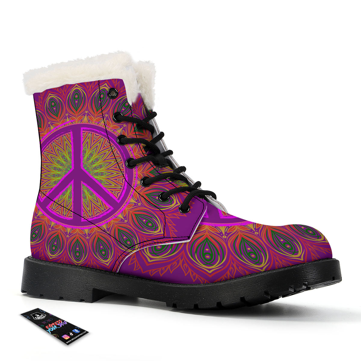 Peace Sign Psychedelic Hippie Print Winter Boots-grizzshop