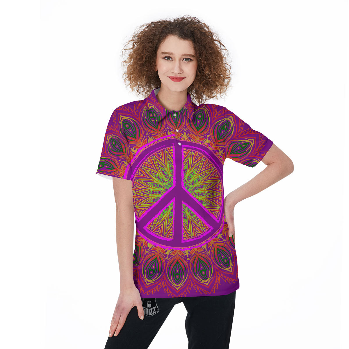 Peace Sign Psychedelic Hippie Print Women's Golf Shirts-grizzshop
