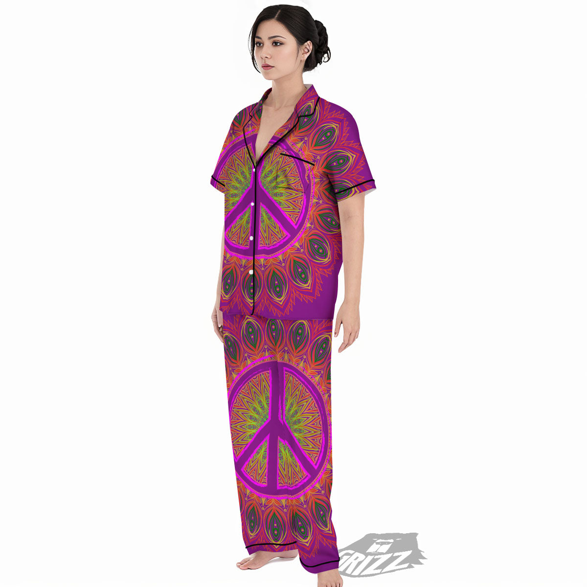 Peace Sign Psychedelic Hippie Print Women's Pajamas Set-grizzshop