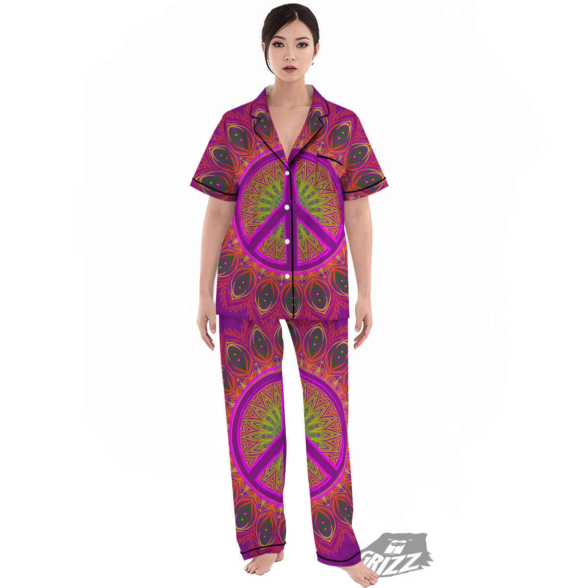 Peace Sign Psychedelic Hippie Print Women's Pajamas Set-grizzshop