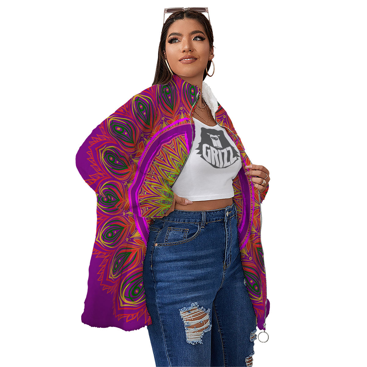 Peace Sign Psychedelic Hippie Print Women's Sherpa Jacket-grizzshop
