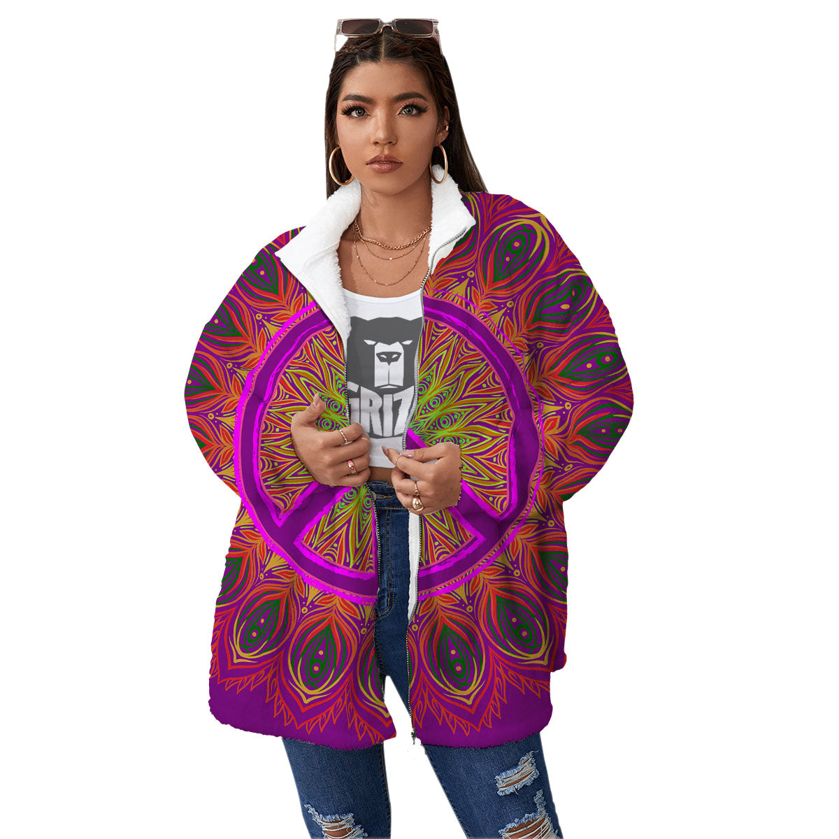 Peace Sign Psychedelic Hippie Print Women's Sherpa Jacket-grizzshop
