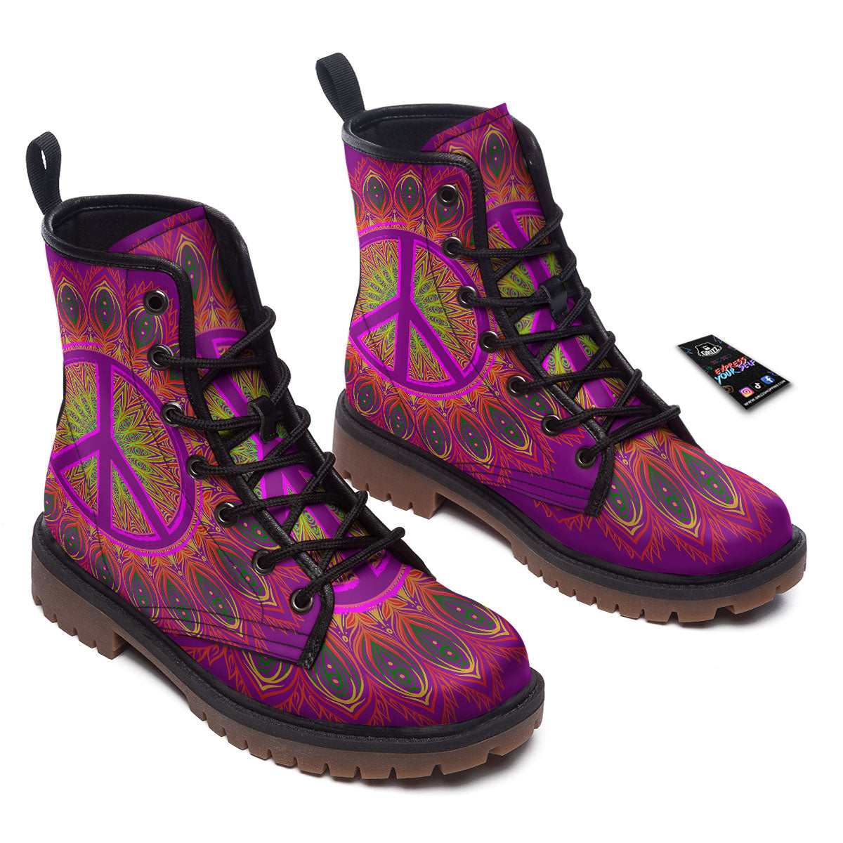 Peace Sign Psychedelic Hippie Print Work Boots-grizzshop
