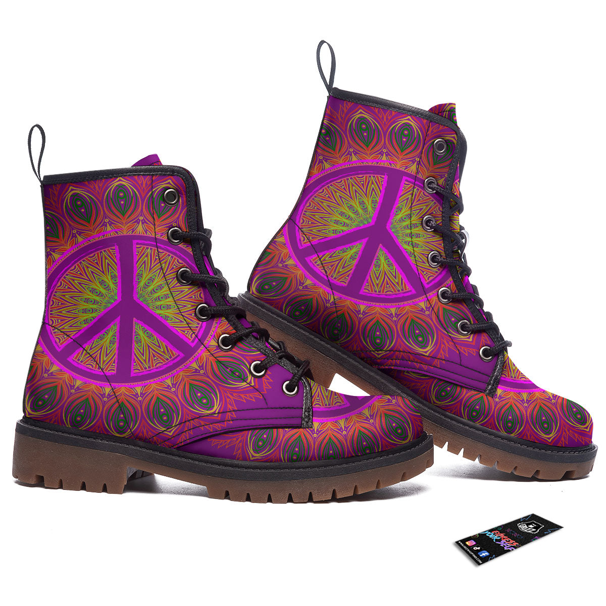 Peace Sign Psychedelic Hippie Print Work Boots-grizzshop