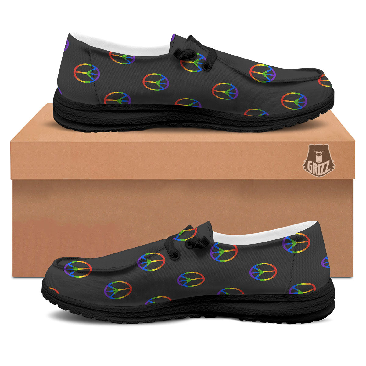 Peace Sign Rainbow LGBT Print Pattern Black Loafers-grizzshop