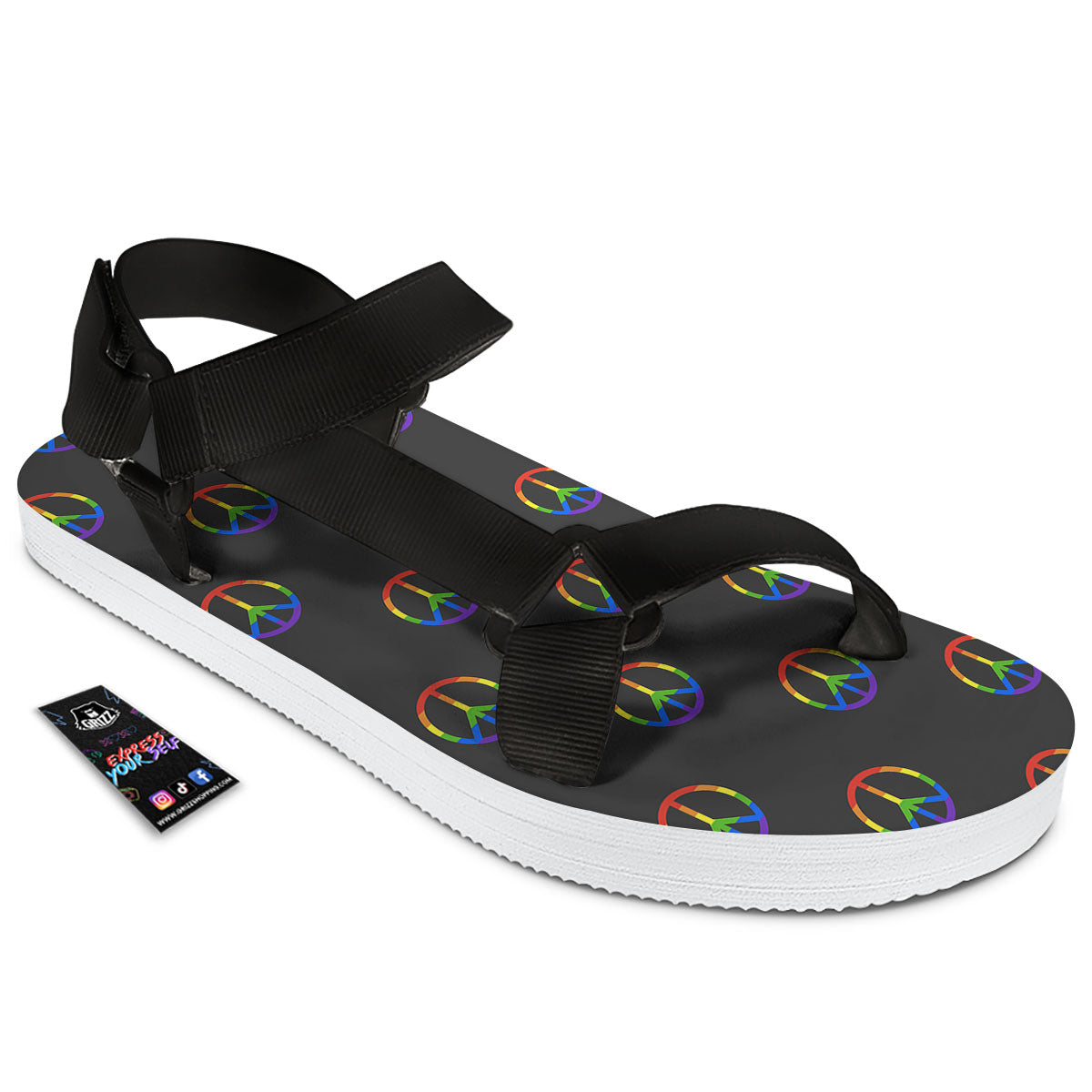 Peace Sign Rainbow LGBT Print Pattern Black Open Toe Sandals-grizzshop