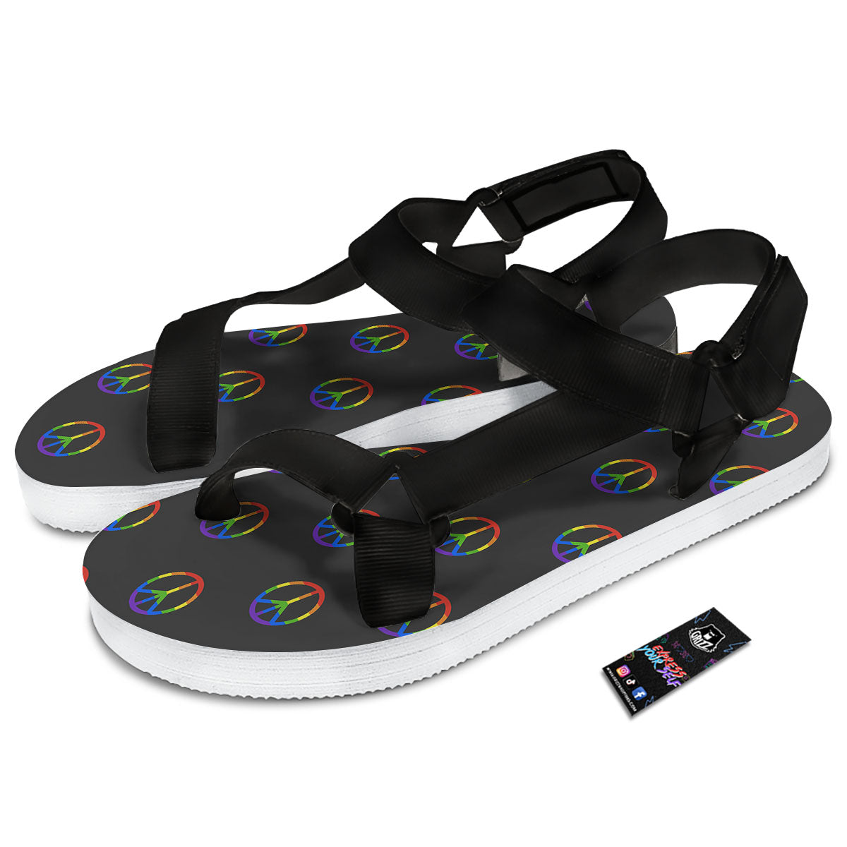 Peace Sign Rainbow LGBT Print Pattern Black Open Toe Sandals-grizzshop