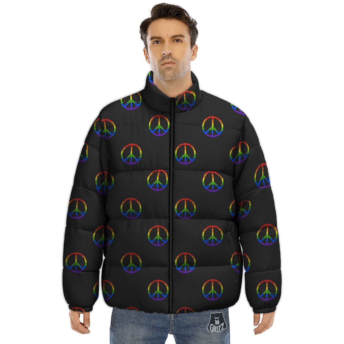 Peace Sign Rainbow LGBT Print Pattern Puffer Jacket-grizzshop